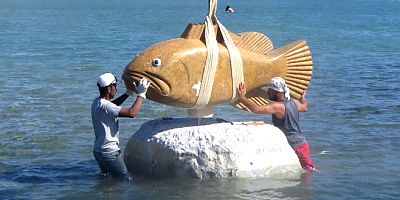 Denizin ortasına 10 tonluk  Orfoz heykeli yerleştirildi