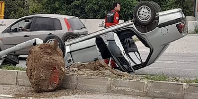 Dereköy kavşağında takla atan otomobilin sürücüsü yaralandı