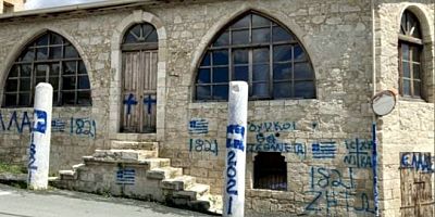 Rumlar cami duvarına haç çizip “Türkler Öleceksiniz” yazdılar