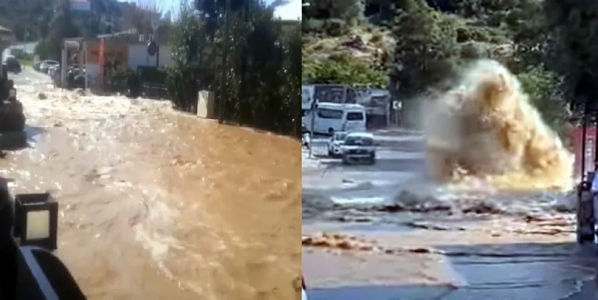 Akyarlar’da su isale hattı patladı cadde nehire dönüştü