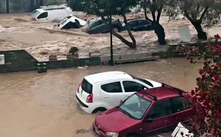 Ege’nin ortasındaki turistik adayı  sel felaketi vurdu onlarca araç denize sürüklendi