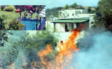 Ortakent alev alev, lüks villalar yanmaktan son anda kurtuldu, havuzlardan kovalarla su taşıyarak yangına müdahale ettiler