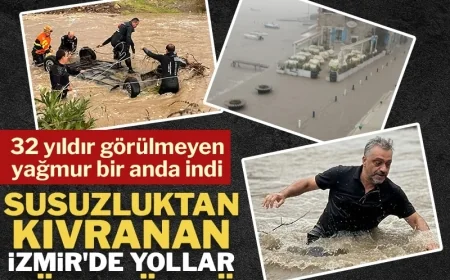 İzmir'de 32 yıldır görülmeyen yağmur bir anda indi: Susuzluktan kıvranan İzmir'de yollar göle döndü