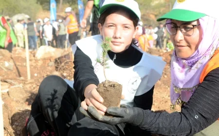 Bodrum’da yanan alanlarda  yüzlerce fidan toprakla buluştu, 10 aylık Kerem bebek ilk fidanını dikti