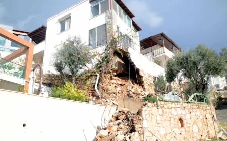 Bodrum’da sağanak yağış üç katlı binayı yıkılacak hale getirdi.istinat duvarı çöktü: Üç katlı bina boşaltıldı