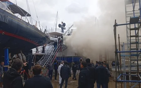 Yüzlerce teknenin bulunduğu tersanede korkutan yangın …Sadri Şener’in Motoryatında Yangın Çıktı