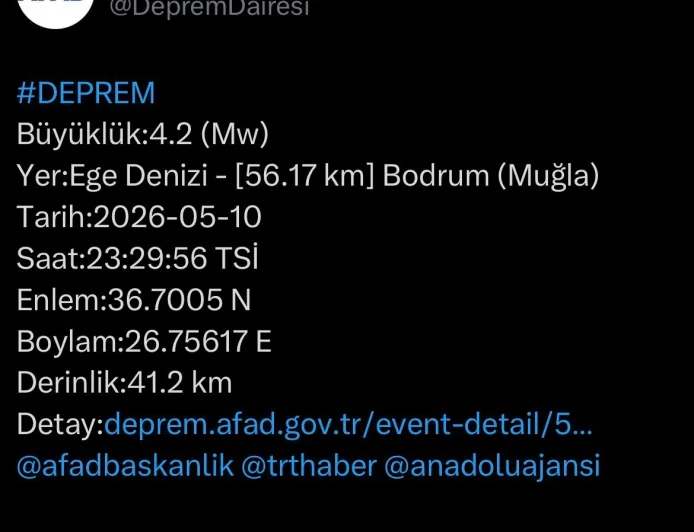 Bodrum ilçesi açıklarında 4.2 büyüklüğünde deprem meydana geldi.
