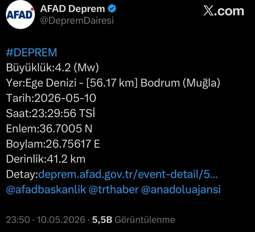 Bodrum ilçesi açıklarında 4.2 büyüklüğünde deprem meydana geldi.