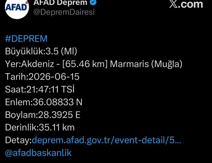 Marmaris'te 3.5 Büyüklüğünde Deprem