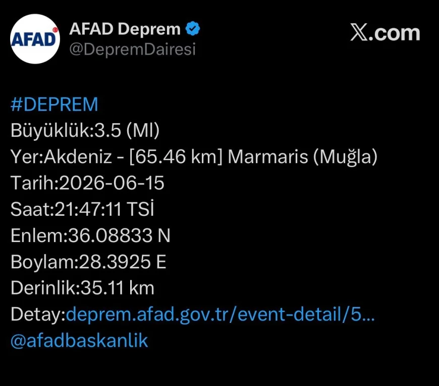 Marmaris'te 3.5 Büyüklüğünde Deprem