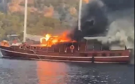 Mavi yolculuk tur teknesi yandı, yolcular ve personel son anda kurtarıldı. Yat battı