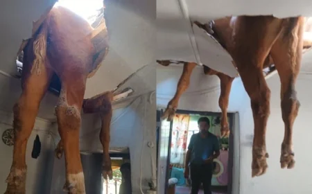 ÇATI ÇÖKTÜ, SALONA DANA DÜŞTÜ! EV HALKI ŞOKE OLDU