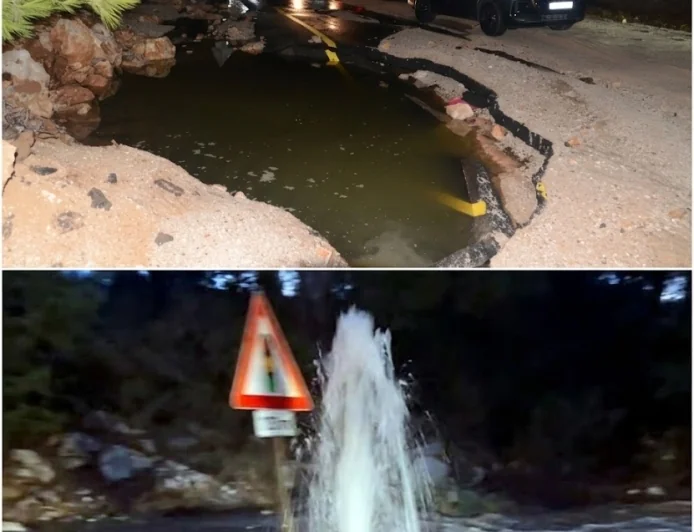 BODRUM TORBA'DA  İSALE HATTI KABUSU: AYNI YOLDA YİNE PATLADI, 20 METRELİK ÇUKUR OLUŞTU