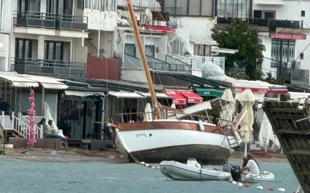 BODRUM’DA KÖTÜ HAVA TEKNEYİ KARAYA SÜRÜKLEDİ