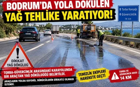 TORBA-GÜVERCİNLİK KARAYOLUNDA YOLA DÖKÜLEN YAĞ NEDENİYLE ARAÇLARIN KAYDIĞI BELİRTİLDİ. SÜRÜCÜLERE DİKKATLİ OLUN ÇAĞRISI YAPILDI.