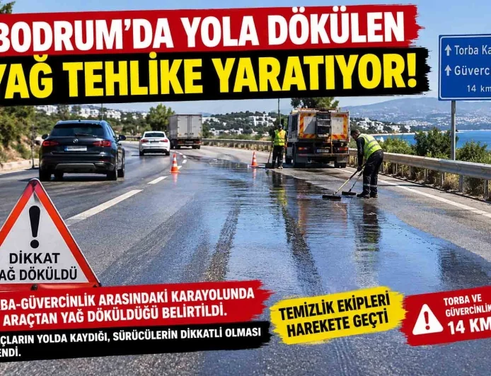 TORBA-GÜVERCİNLİK KARAYOLUNDA YOLA DÖKÜLEN YAĞ NEDENİYLE ARAÇLARIN KAYDIĞI BELİRTİLDİ. SÜRÜCÜLERE DİKKATLİ OLUN ÇAĞRISI YAPILDI.