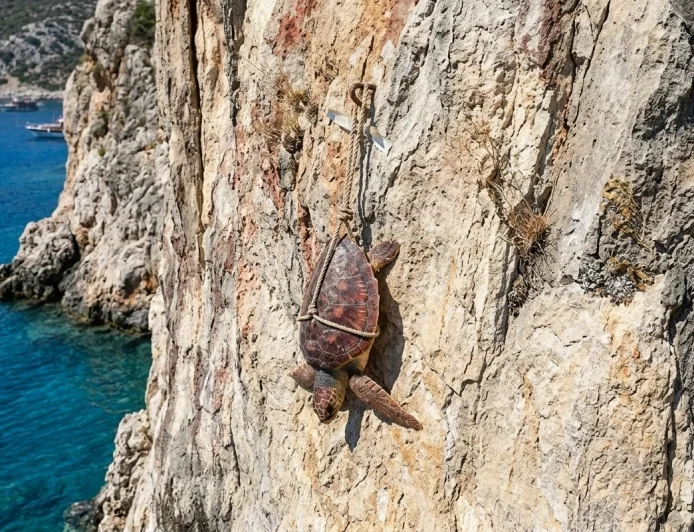 Natura 2000 Koruma Ağı altında olan adada vahşet. Deniz Kaplumbağası Öldürüldü ve Kayaya Asıldı